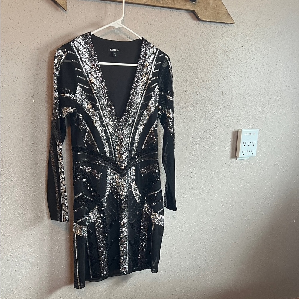 Express Black and Silver Sequin Long Sleeve Dress